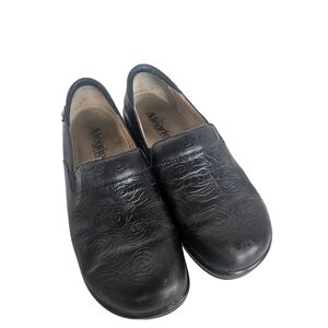Alegria Embossed Rose Leather Clogs